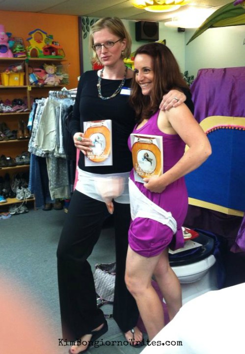 Kim of @LetMeStart and Bethany of @BPMBadAssMama model postnatal wear at VT #PeeAlone book event